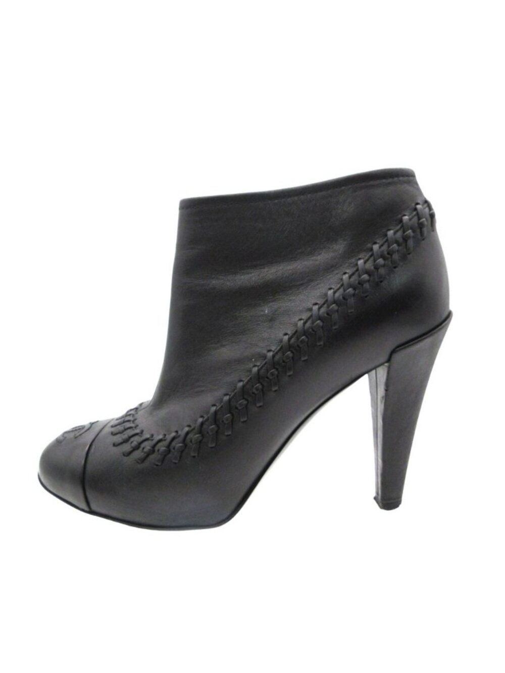 Chanel Booties Short Boots Stitch CC Logo Cap to Heels Leather Shoes Black 37